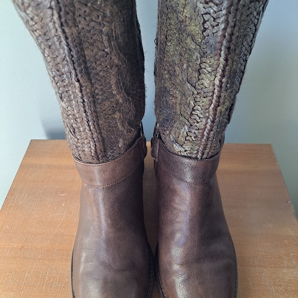 Stuart Weitzman Pimilco Knit Brown Leather Moto Boot - Picture 4 of 8